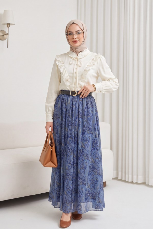 Elasticated Waist Belted Lined Patterned Tulle Skirt  -İndigo
