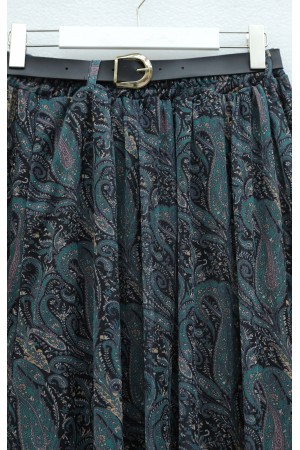 Beli Lastikli Kemerli Astarlı Desenli Tül Etek  -Petrol