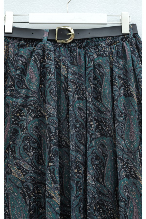Elasticated Waist Belted Lined Patterned Tulle Skirt  -Oil color