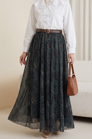 Beli Lastikli Kemerli Astarlı Desenli Tül Etek  -Petrol