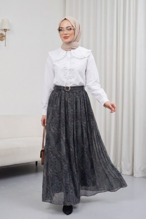 Beli Lastikli Kemerli Astarlı Desenli Tül Etek  -Petrol