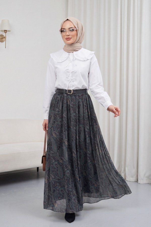 Elasticated Waist Belted Lined Patterned Tulle Skirt  -Oil color