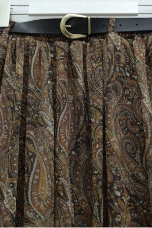 Beli Lastikli Kemerli Astarlı Desenli Tül Etek  -Taba