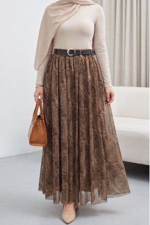 Beli Lastikli Kemerli Astarlı Desenli Tül Etek  -Taba