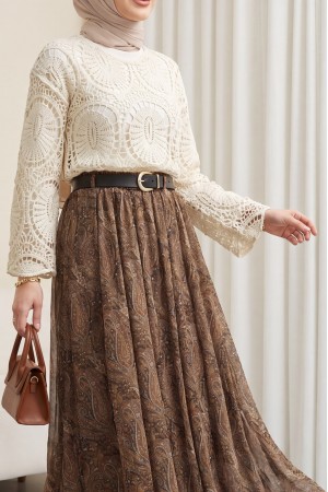 Beli Lastikli Kemerli Astarlı Desenli Tül Etek  -Taba