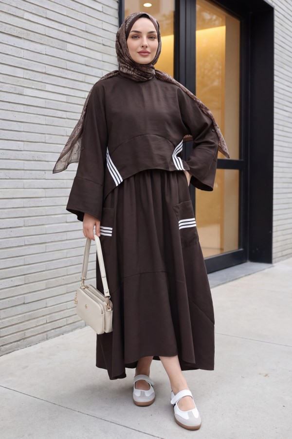 Striped, long-back skirt with pockets, elasticated waistband, modal cotton suit. -Dark Coffee