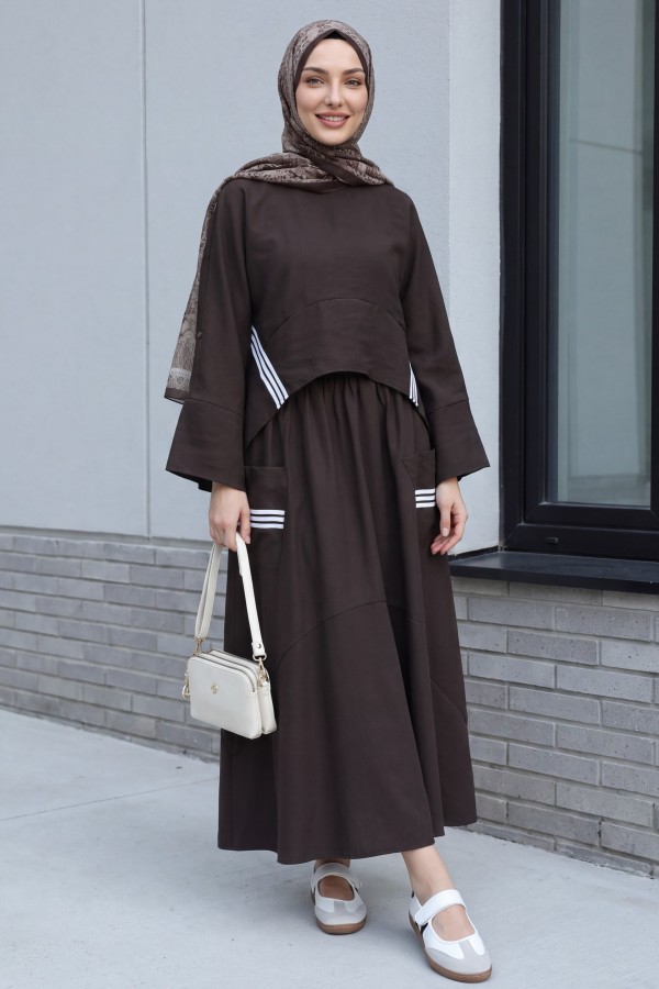 Striped, long-back skirt with pockets, elasticated waistband, modal cotton suit. -Dark Coffee