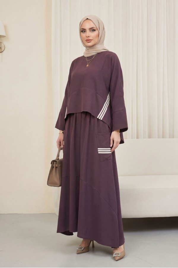 Striped, long-back skirt with pockets, elasticated waistband, modal cotton suit. -Cherry Color
