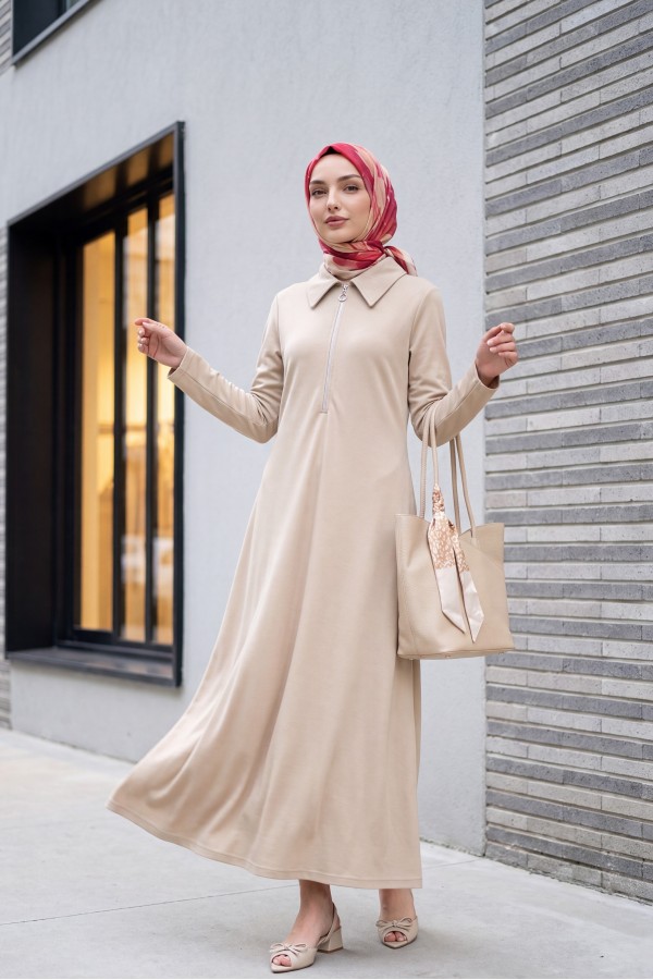 Half-Zip Shirt Collar Long Oysho Dress -Light Mink