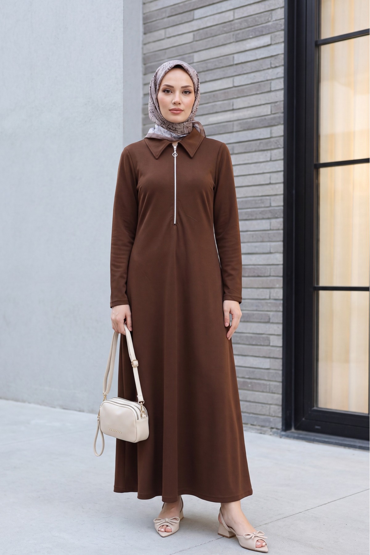 Half-Zip Shirt Collar Long Oysho Dress -Brown