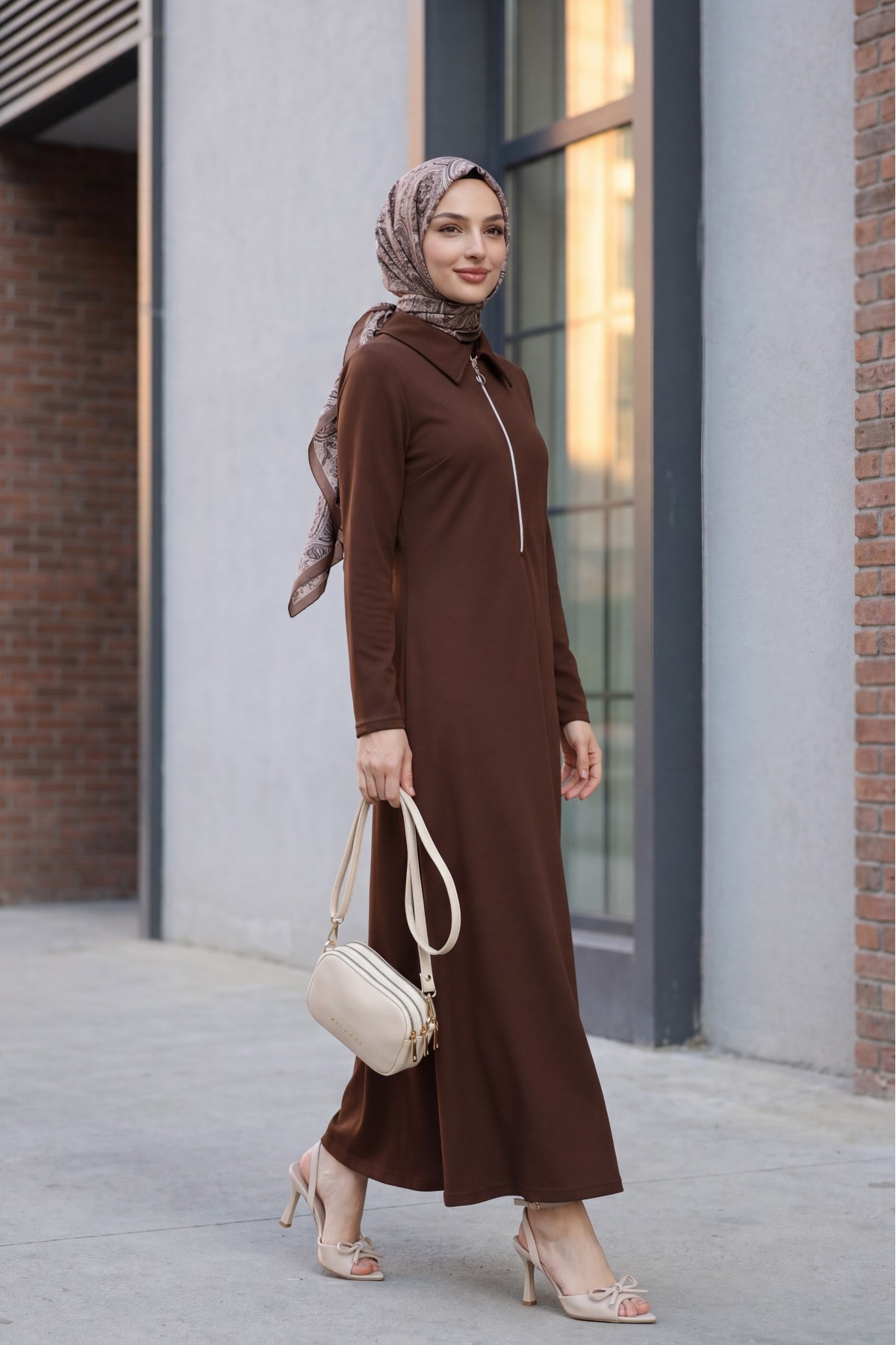Half-Zip Shirt Collar Long Oysho Dress -Brown