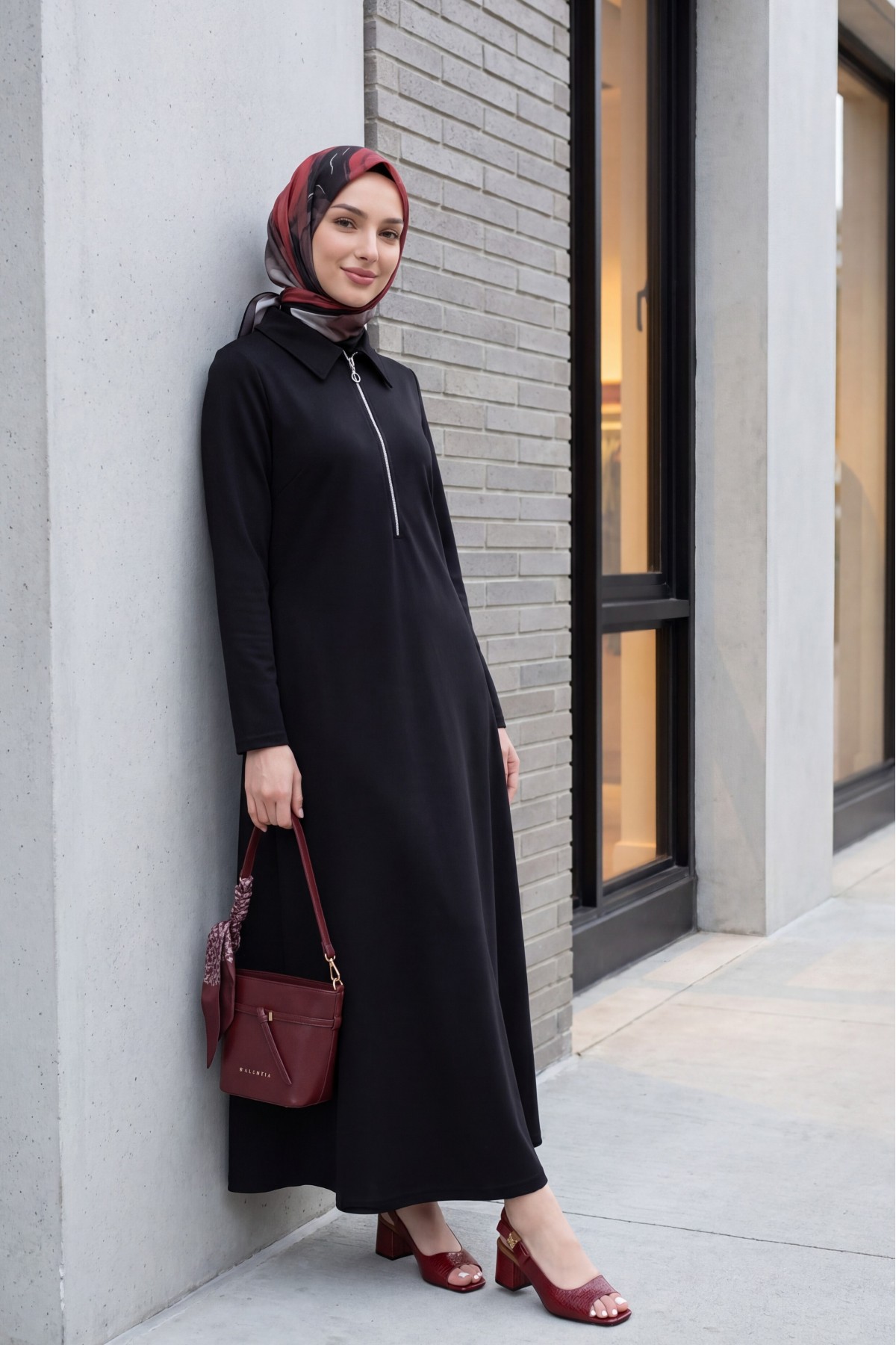 Half-Zip Shirt Collar Long Oysho Dress -Black