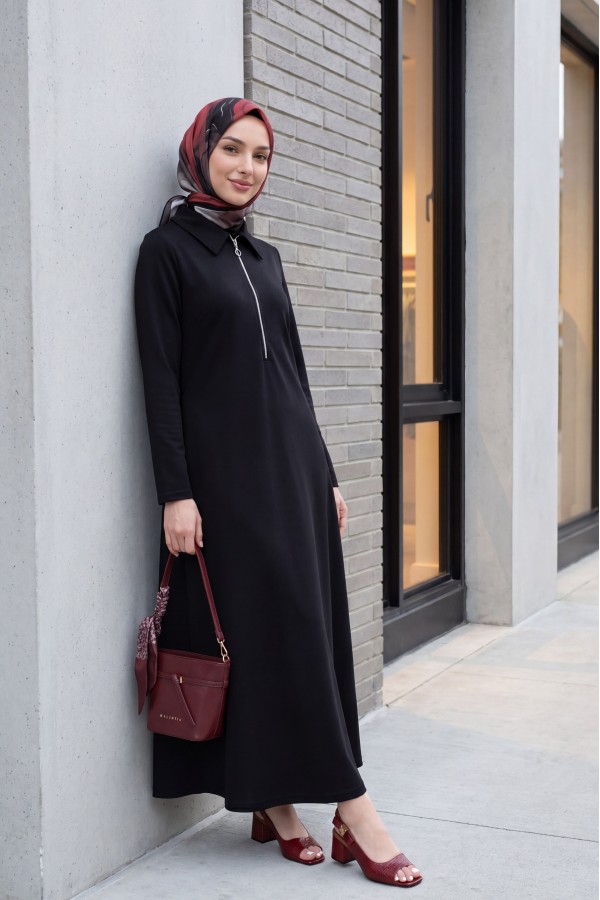 Half-Zip Shirt Collar Long Oysho Dress -Black