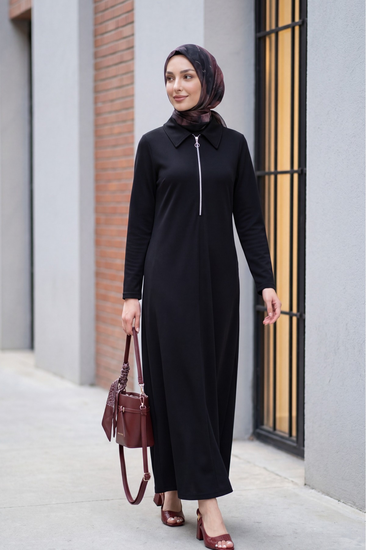 Half-Zip Shirt Collar Long Oysho Dress -Black