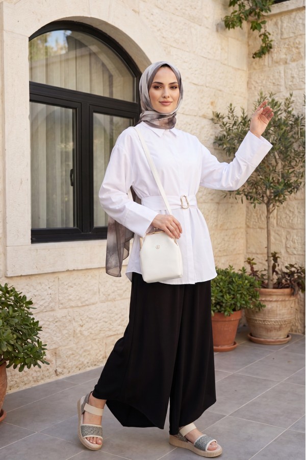 Beli Lastikli Kuşaklı Cepli Keten Görünümlü Etek Pantolon -Siyah