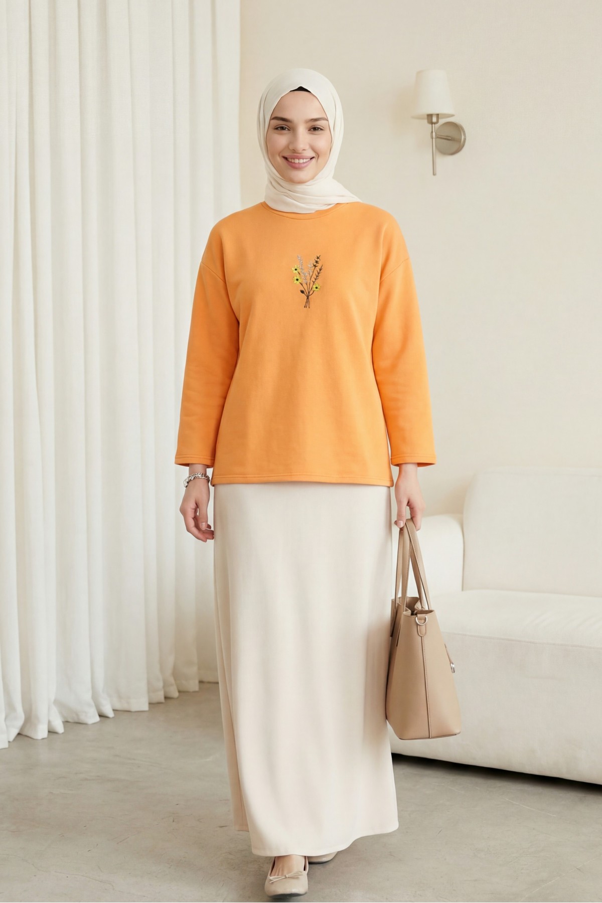 Round Neck Loose Fit Jersey Blouse with Floral Embroidery on the Front     -Orange