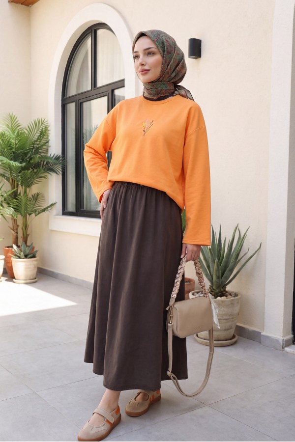 Round Neck Loose Fit Jersey Blouse with Floral Embroidery on the Front     -Orange