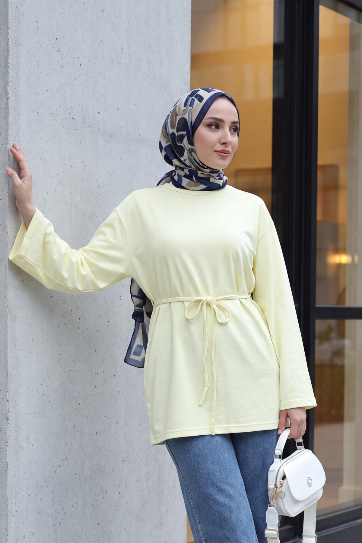 Round Neck Tied Waist Combed Cotton Tunic  -Light yellow