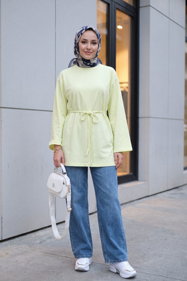 Round Neck Tied Waist Combed Cotton Tunic  -Light yellow