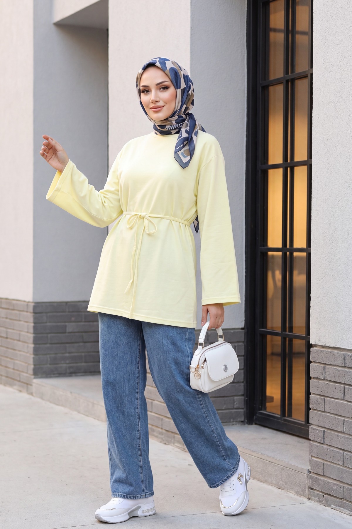 Round Neck Tied Waist Combed Cotton Tunic  -Light yellow
