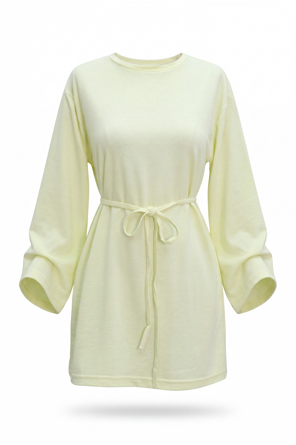 Round Neck Tied Waist Combed Cotton Tunic  -Light yellow detay görseli