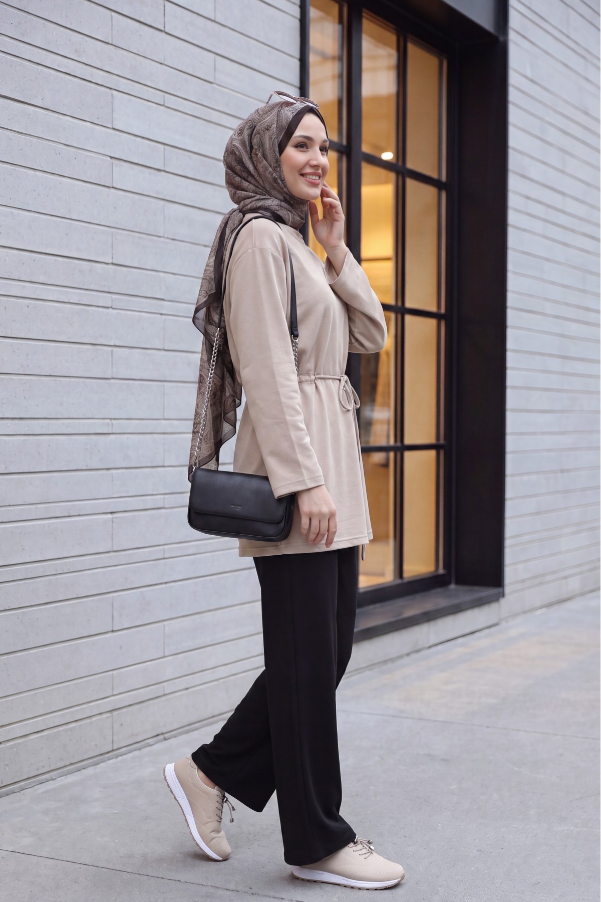 Round Neck Tied Waist Combed Cotton Tunic  -Light Mink