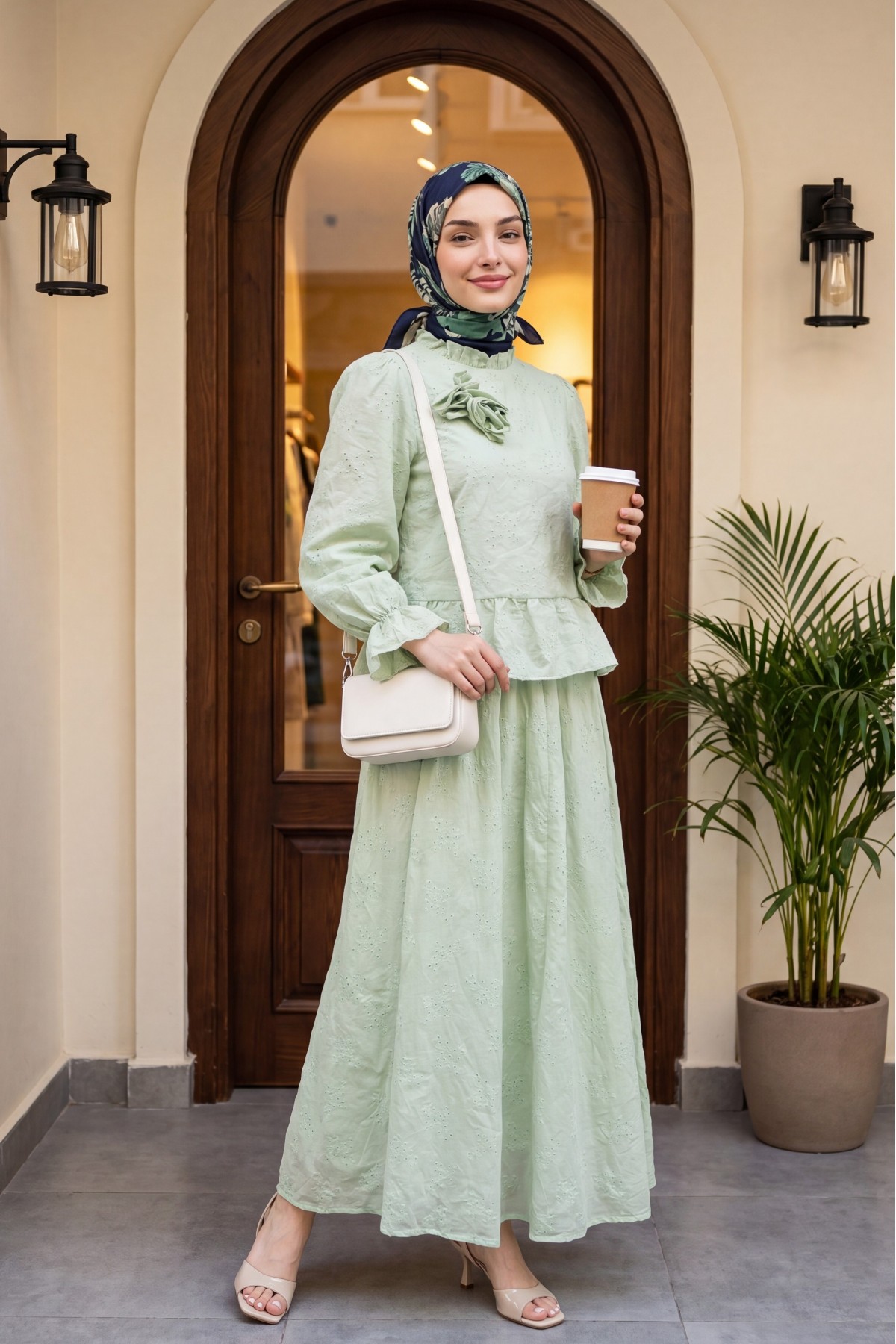 Rose Brooch Embellished, Elasticated Sleeve, Patterned, Lined, Voile Skirt Set -Sea green
