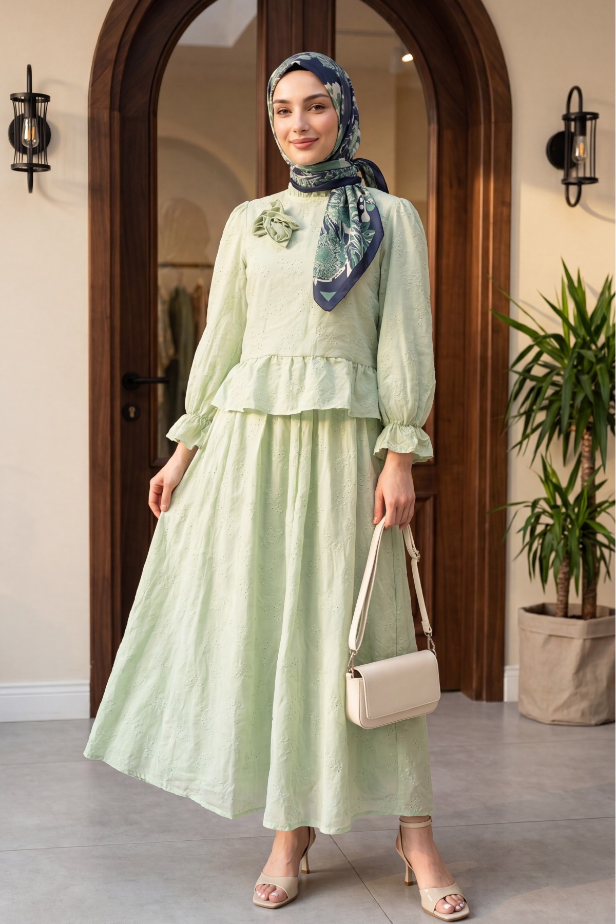 Rose Brooch Embellished, Elasticated Sleeve, Patterned, Lined, Voile Skirt Set -Sea green