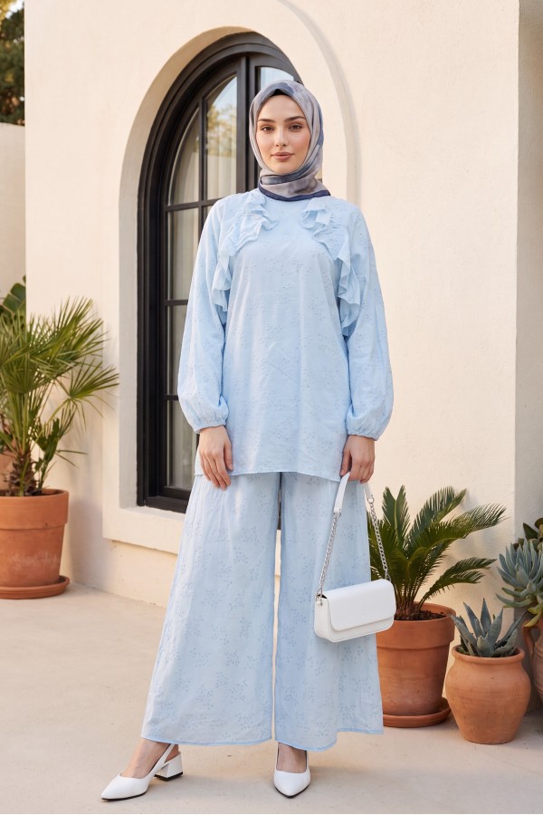 Crew Neck, Front Ruffled, Lined, Elasticated Sleeve Voile Set -Baby Blue
