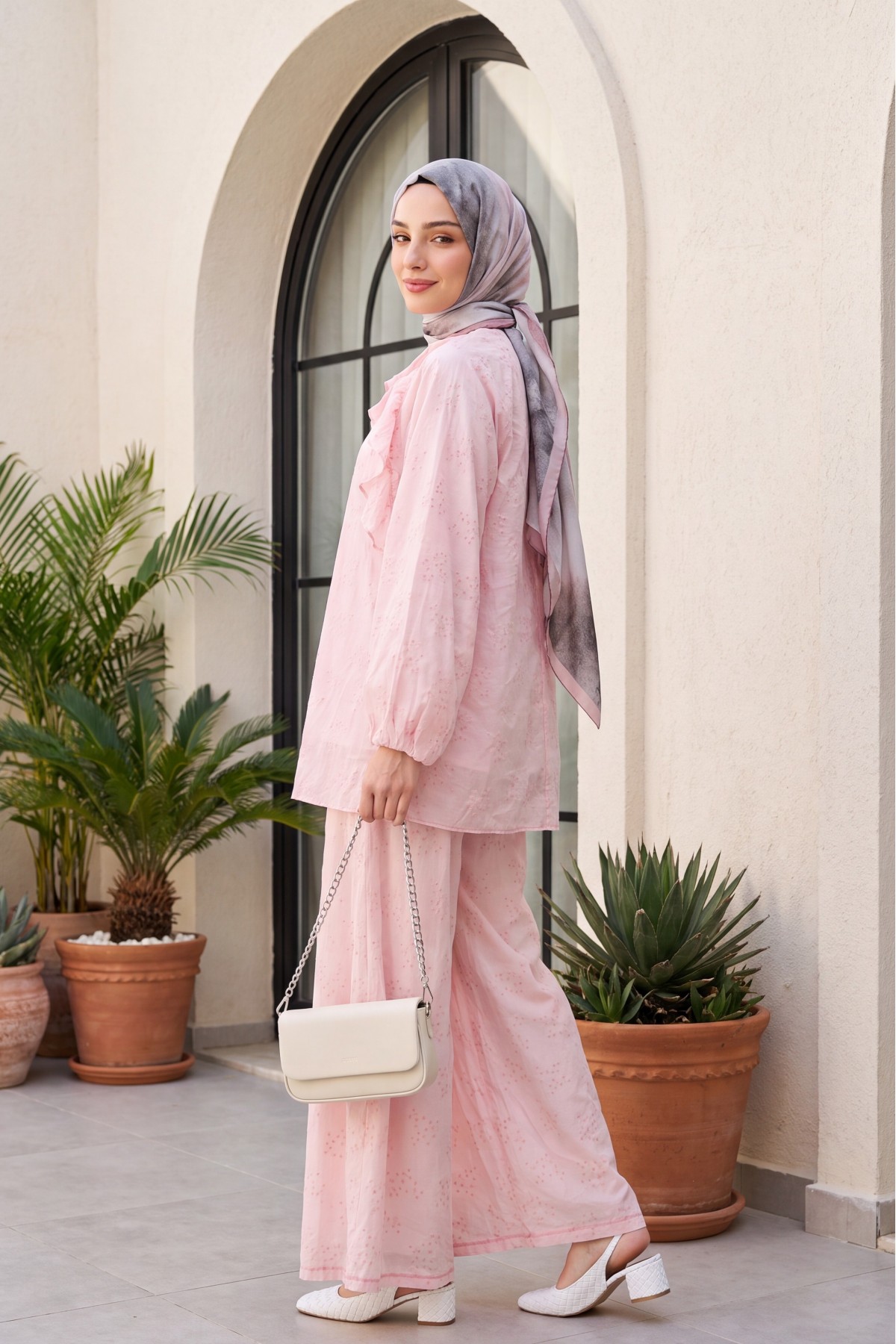 Crew Neck, Front Ruffled, Lined, Elasticated Sleeve Voile Set -Powder