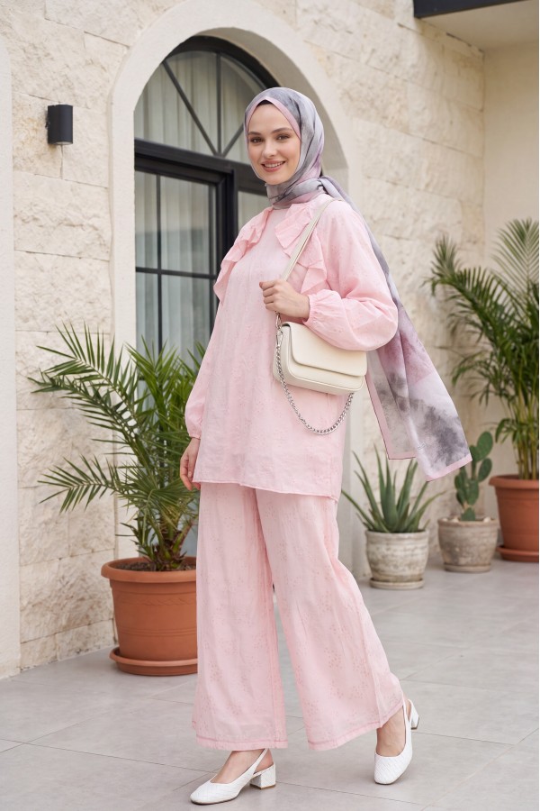 Crew Neck, Front Ruffled, Lined, Elasticated Sleeve Voile Set -Powder