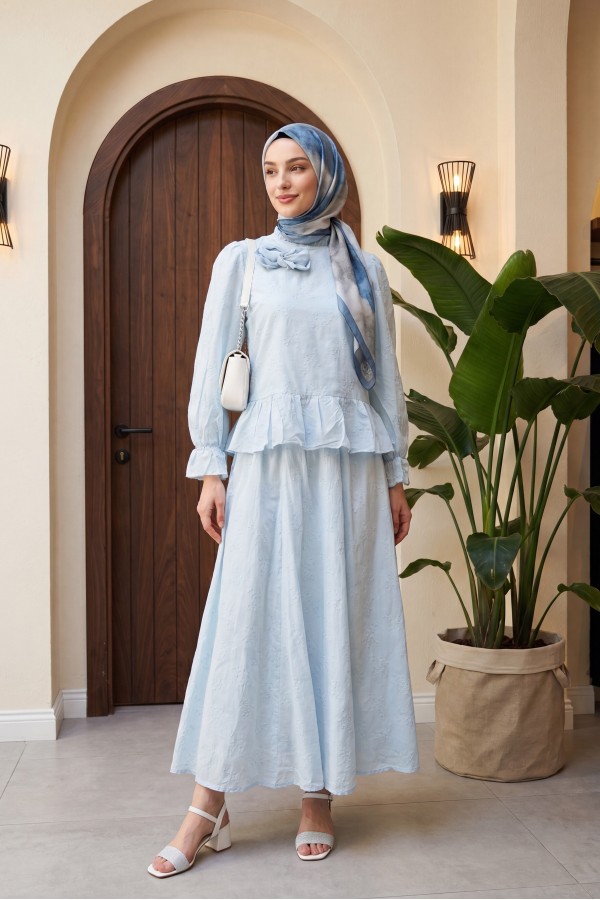 Rose Brooch Embellished, Elasticated Sleeve, Patterned, Lined, Voile Skirt Set  -Baby Blue