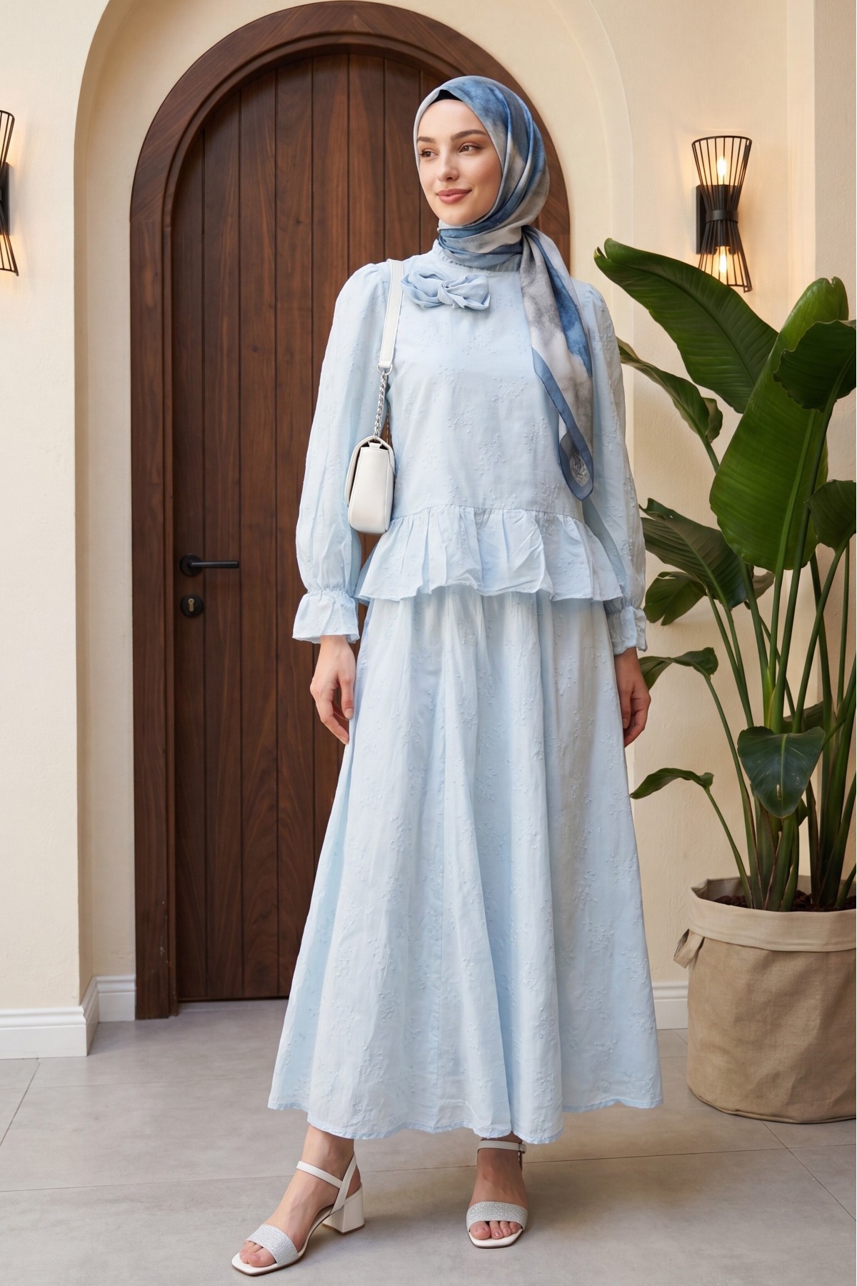 Rose Brooch Embellished, Elasticated Sleeve, Patterned, Lined, Voile Skirt Set  -Baby Blue