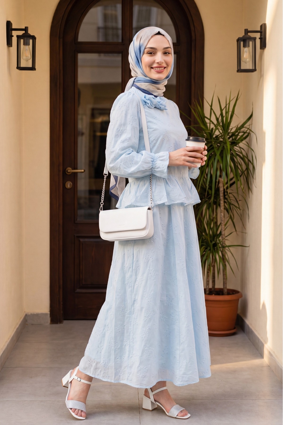 Rose Brooch Embellished, Elasticated Sleeve, Patterned, Lined, Voile Skirt Set  -Baby Blue