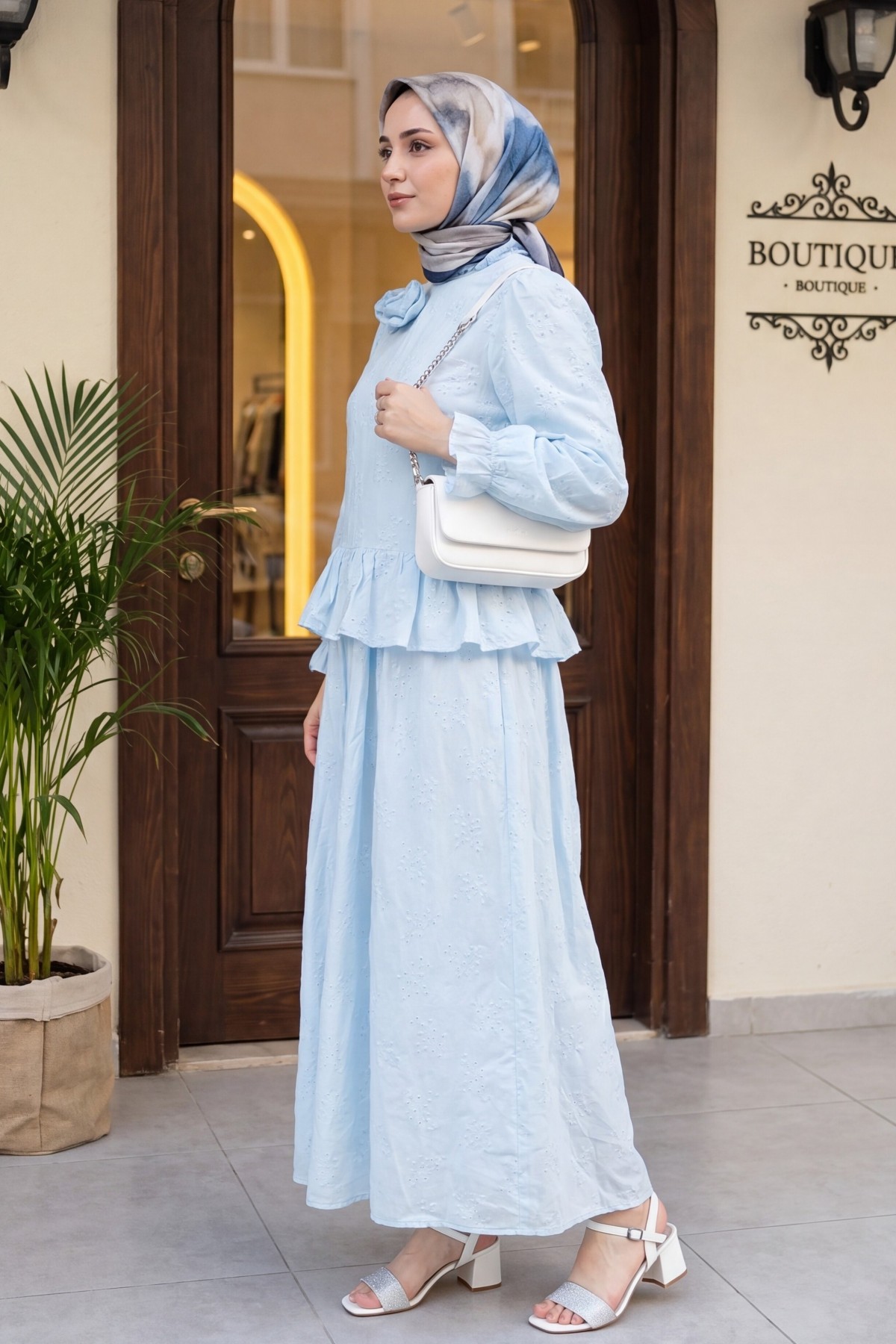 Rose Brooch Embellished, Elasticated Sleeve, Patterned, Lined, Voile Skirt Set  -Baby Blue detay görseli
