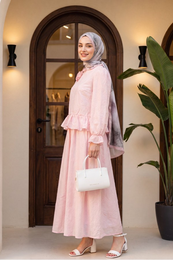 Rose Brooch Embellished, Elasticated Sleeve, Patterned, Lined, Voile Skirt Set  -Powder