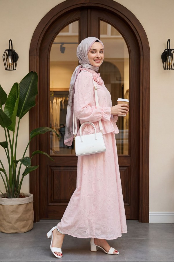 Rose Brooch Embellished, Elasticated Sleeve, Patterned, Lined, Voile Skirt Set  -Powder