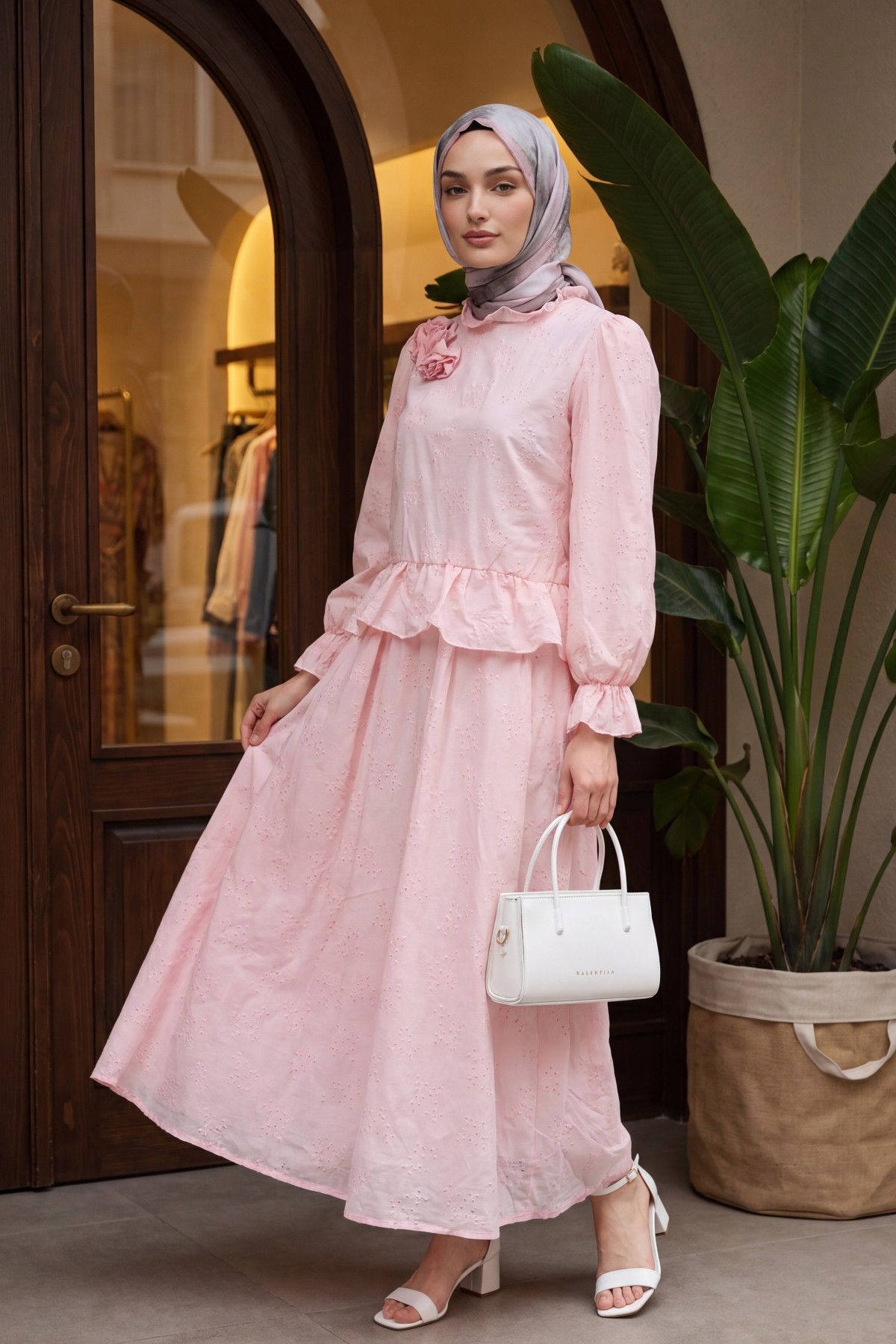 Rose Brooch Embellished, Elasticated Sleeve, Patterned, Lined, Voile Skirt Set  -Powder