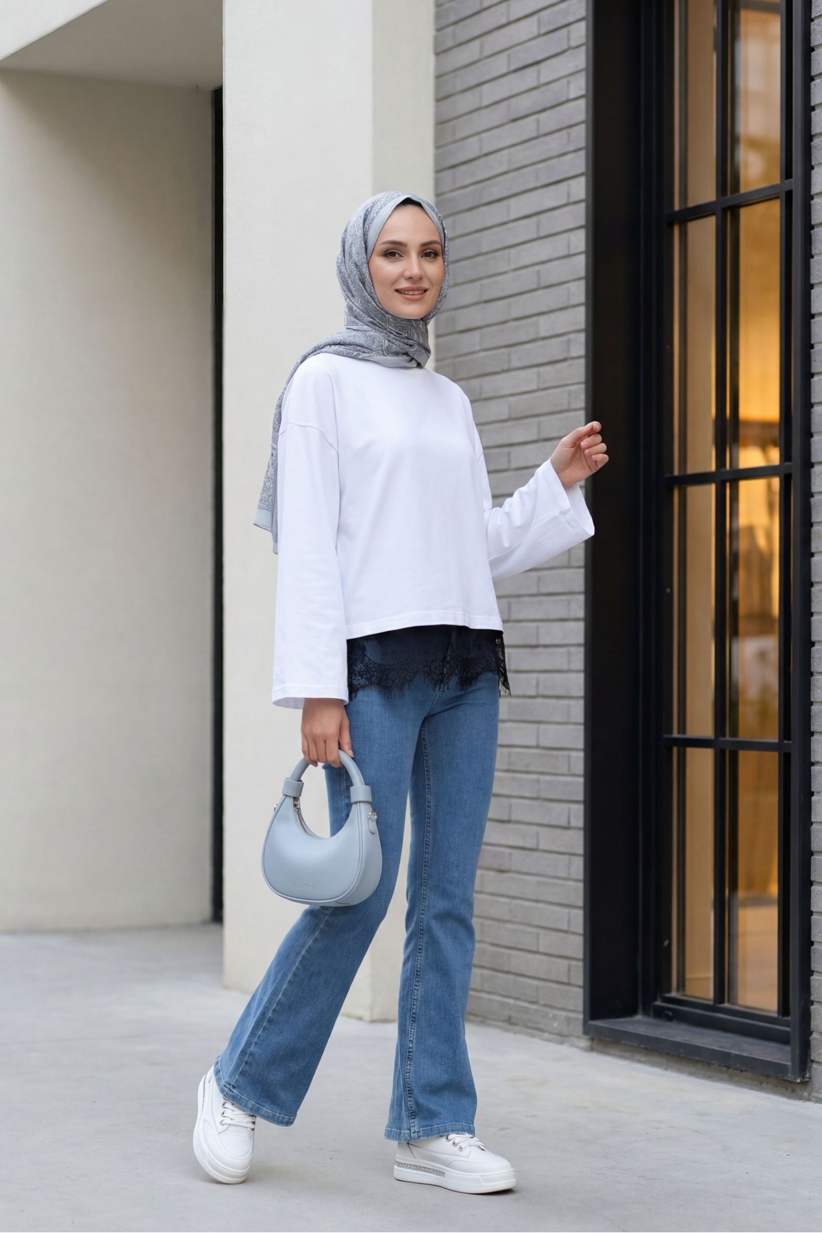 Crew Neck Cotton Tunic with Lace Detail on Hem -White