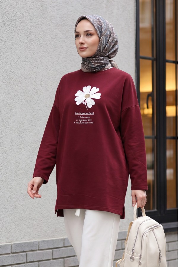 Önü Çiçek Nakışlı Bisiklet Yaka Penye Tunik  -Bordo