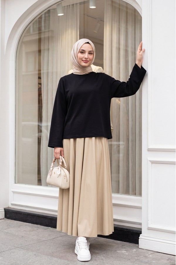Round Neck Loose Fit Cotton Blouse  -Black