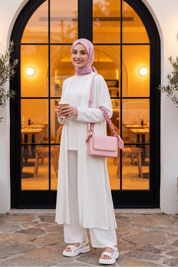 Sendy Oversize Three-Piece Set with Pockets and Lycra Fabric -White