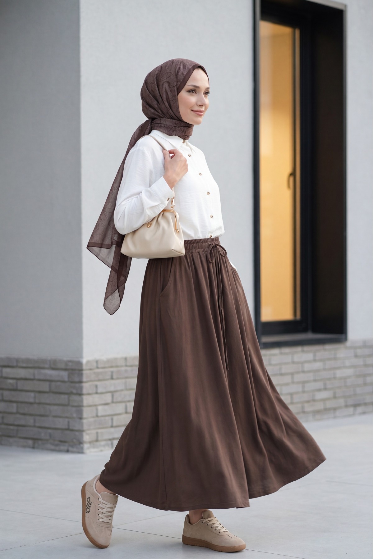 Elasticated Combed Cotton Skirt with Tied Waist and Pocket -Dark Coffee