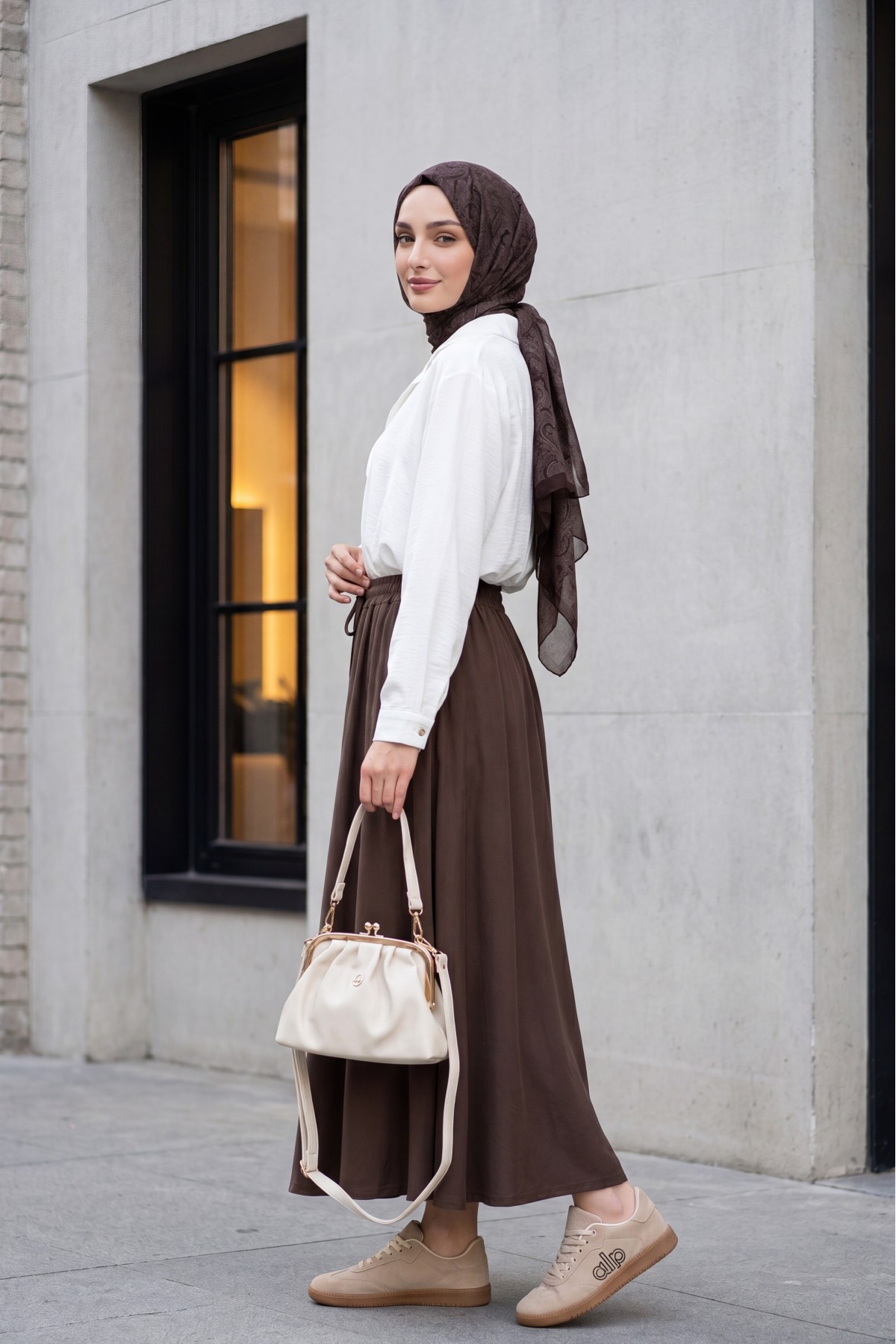 Elasticated Combed Cotton Skirt with Tied Waist and Pocket -Dark Coffee