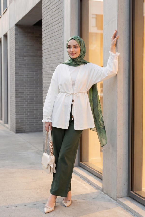 Linen Kimono with Tasseled Sleeves and Belted Waist -Ecru