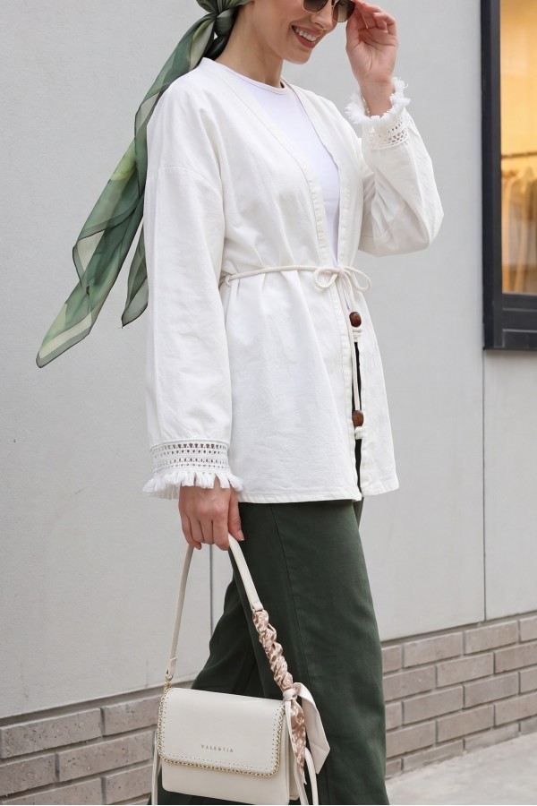 Linen Kimono with Tasseled Sleeves and Belted Waist -Ecru