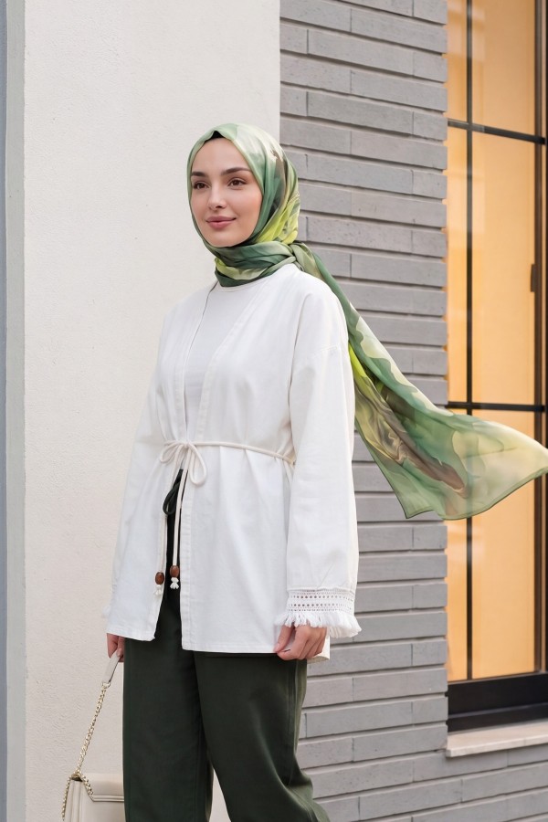 Linen Kimono with Tasseled Sleeves and Belted Waist -Ecru
