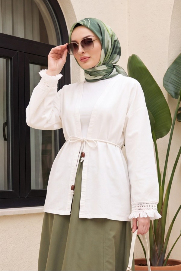 Kolları Püsküllü Beli Kemerli Keten Kimono -Ekru
