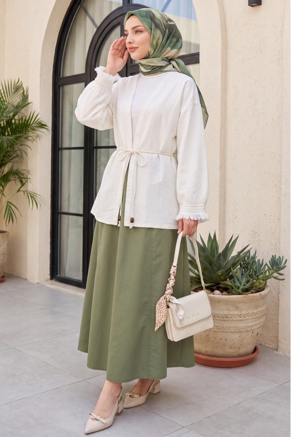 Kolları Püsküllü Beli Kemerli Keten Kimono -Ekru