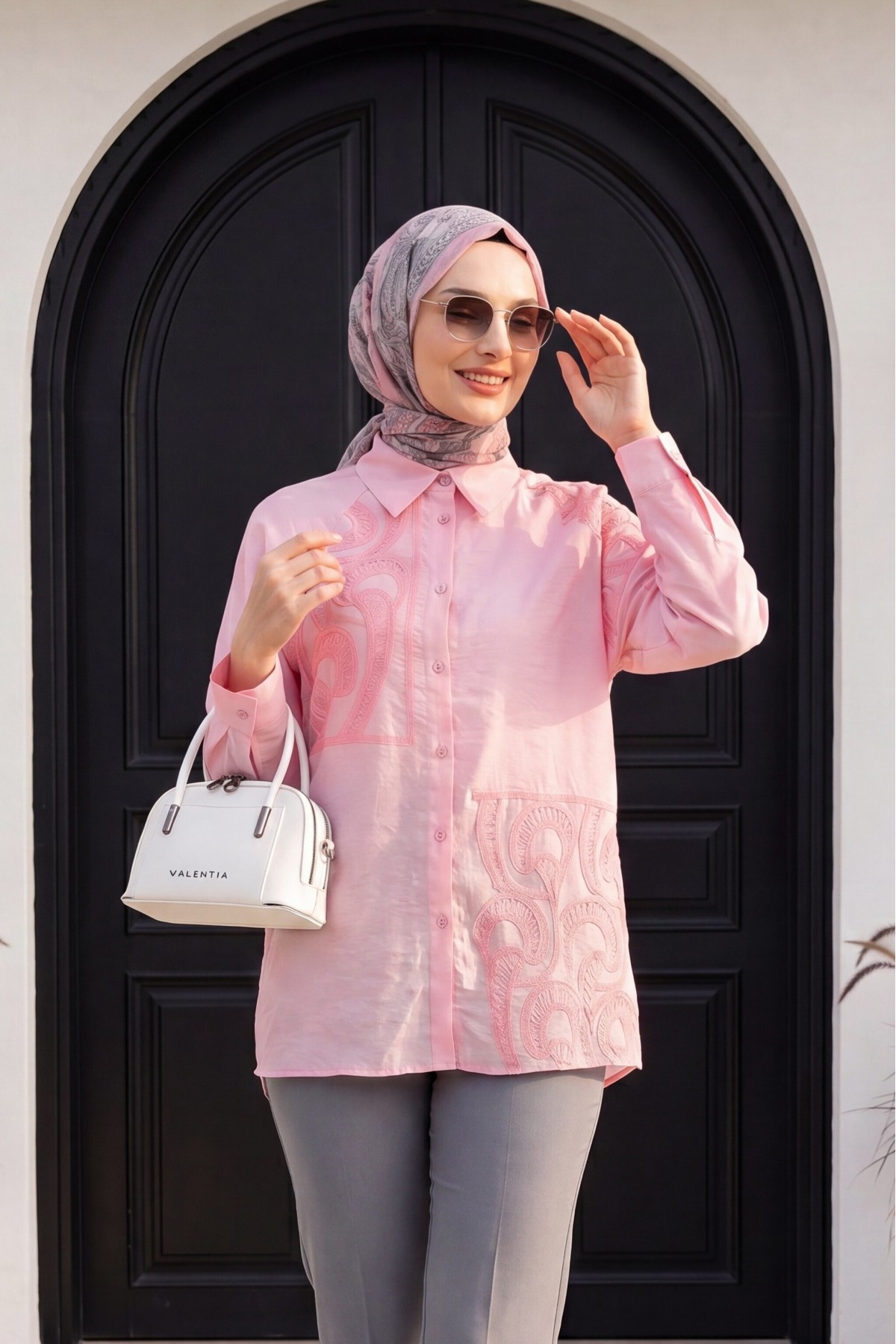 Asymmetrical Embroidered Buttoned Tulle Voile Tunic -Pink
